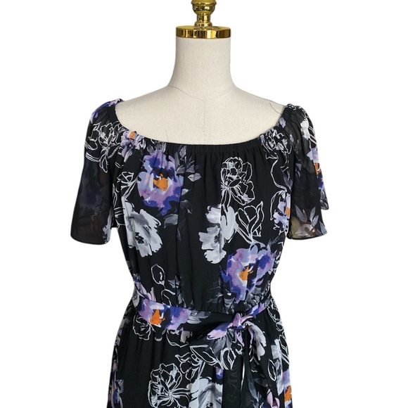 Eliza J Black Ruffled Off-Shoulder Tiered Midi Chiffon Dress Women’s Size 12 - Picture 7 of 9